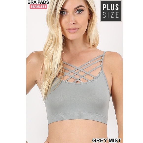Plus Size Gray Strappy Triple Criss Cross Padded Bralette Seamless Wireless - Picture 1 of 5